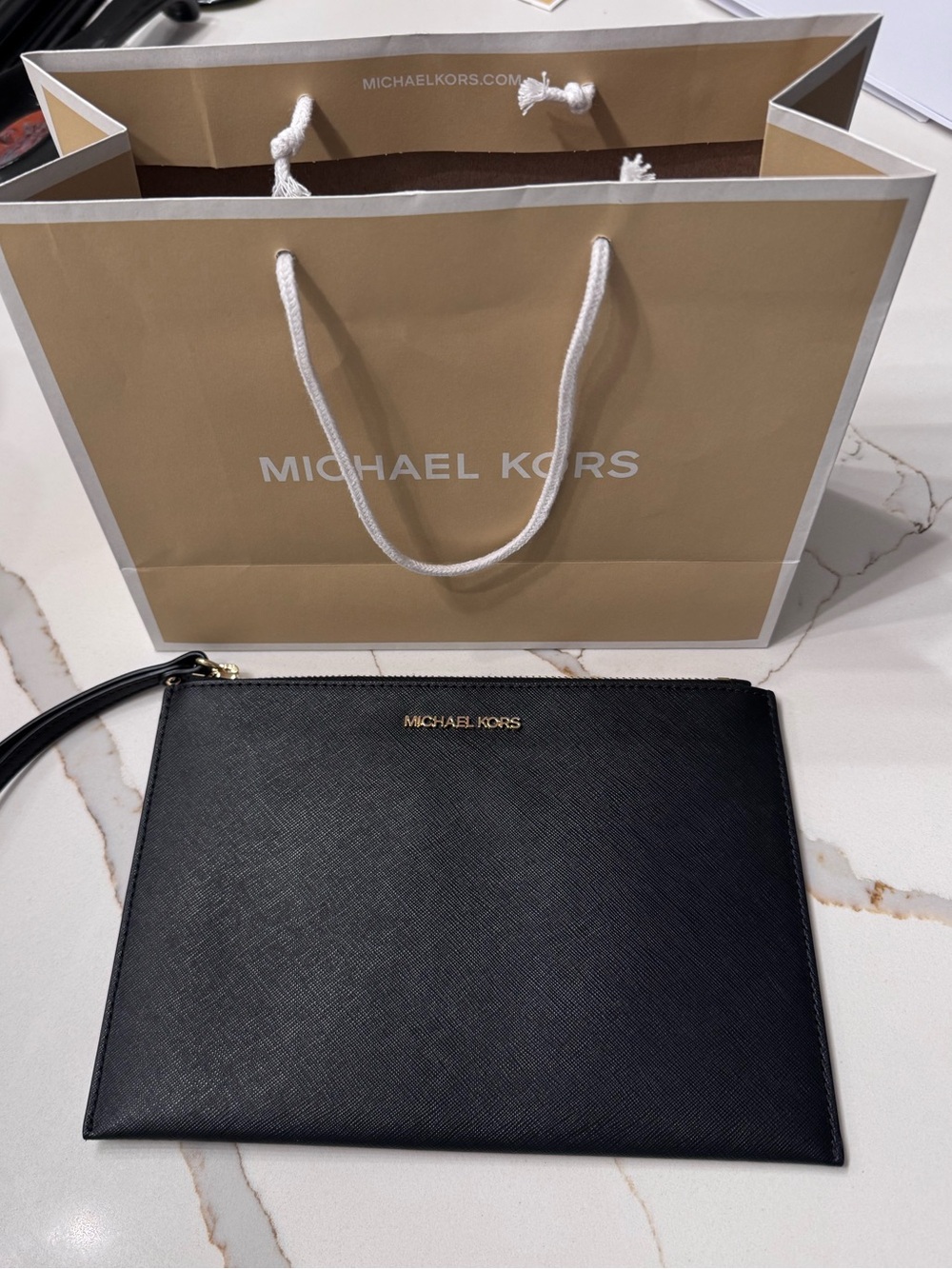 Michael Kors Black Leather Wristlet with Gold Zip